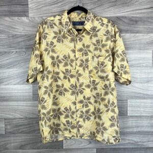 Andrew Fezza Hawaiian Shirt Mens Medium Yellow Floral 100% Silk Summer Button-Up